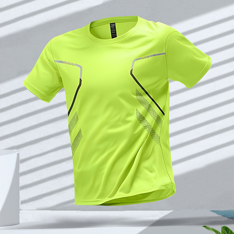 Camiseta masculina de manga curta com gola redonda, bloco de cores, secagem rápida, respirável, esportiva, corrida, camiseta ativa, ao ar livre, treino