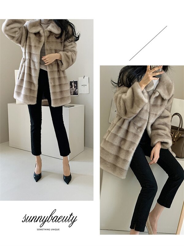 Winter imitation mink fur and grass coat, women's mid length waist style, elegant temperament, gradient plush warm coat