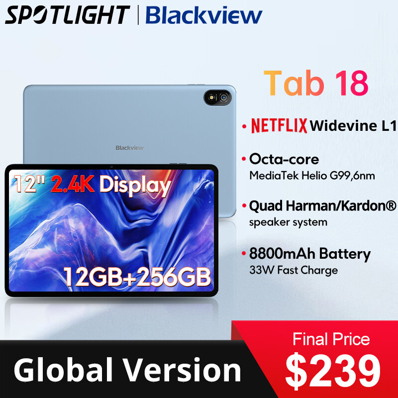 Blackview แท็บเล็ต18 12นิ้ว12GB + 256GB 16MP 2.4K FHD + จอแสดงผลแบตเตอรี่8800mAh L1กว้าง MTK G99 Helio 33W