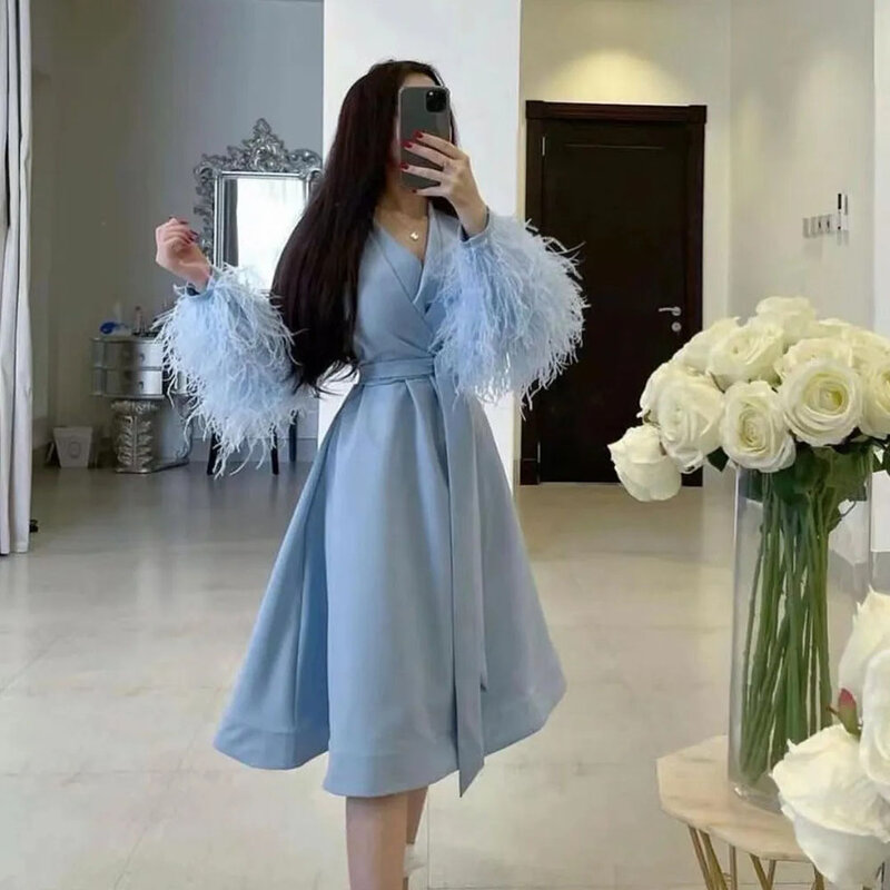Blue Feather Short Party Dress V Neck Prom Dresses For Women Long Sleeve Arabic Special Occasion Dress Night Club Gown