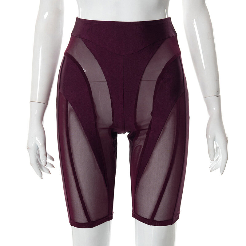 Bkld moda feminina roupas de cintura alta shorts 2022 primavera nova cor sólida sexy perspectiva malha retalhos bodycon shorts