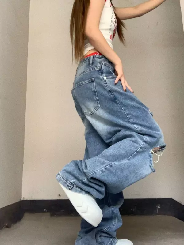 Jeans Sobek untuk Wanita Jeans Lurus Longgar Ramping Lebar Kaki Jeans Pinggang Rendah Jeans Biru Streetwear Tebal untuk Wanita Celana Lowrise Y2k