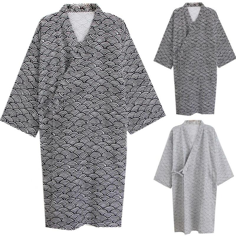 Kimono pria, jubah pakaian tidur mode cetak Kimono, jubah mandi panjang sedang longgar