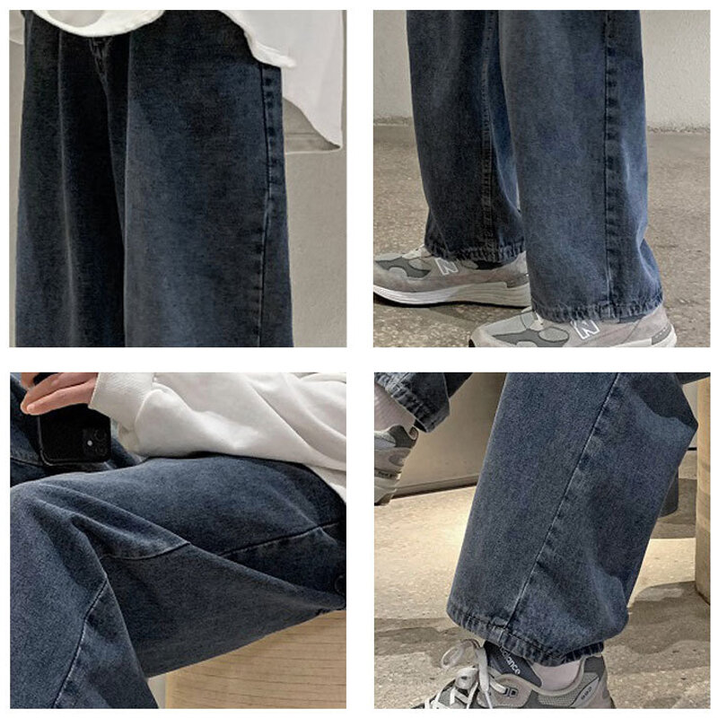 กางเกงยีนส์ย้อนยุคกางเกงขากว้างขาตรงทรงหลวมของผู้ชายกางเกงยีนส์ซักเกาหลีสำหรับผู้ชายสีทึบทรงหลวม