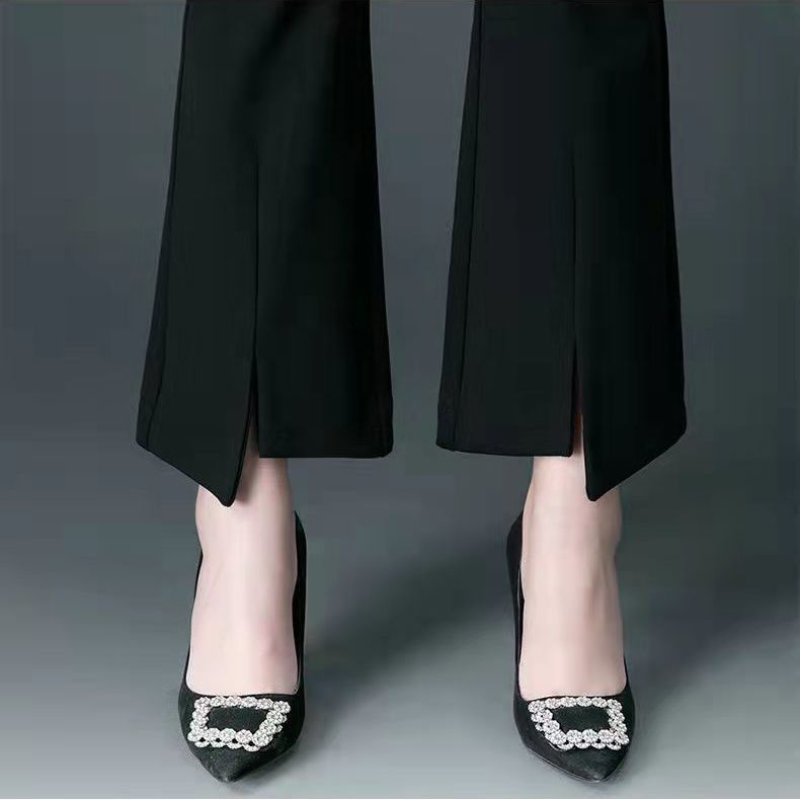 Celana panjang kasual serbaguna wanita, celana panjang kantor wanita Korea modis ramping celah melebar musim semi musim panas baru wanita tipis elastis pinggang tinggi