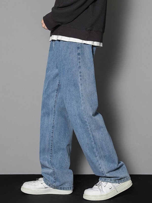 2023 neue koreanische Herren lässig lange Jeans klassische Mann gerade Denim weit geschnittene Hose einfarbig hellblau grau schwarz 3xl