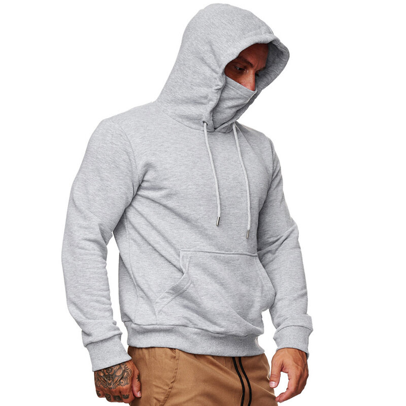 Sudadera con capucha y protección facial para hombre, Jersey informal de manga larga, color negro, blanco y gris, para cualquier temporada