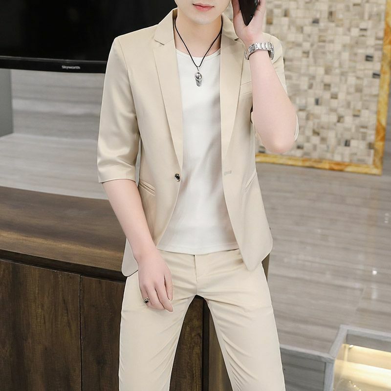 남성용 슬림 단색 캐주얼 재킷, 한국 스타일 트렌디한 얇은 소형 세트, 2-A10 세트 세트, 여름