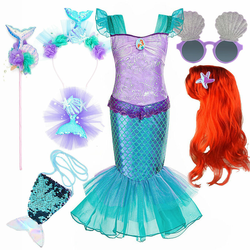 Ariel pequena sereia vestido de baile fantasia para crianças, Fantasia festa de aniversário princesa vestido, Cosplay luxuoso vestido para menina