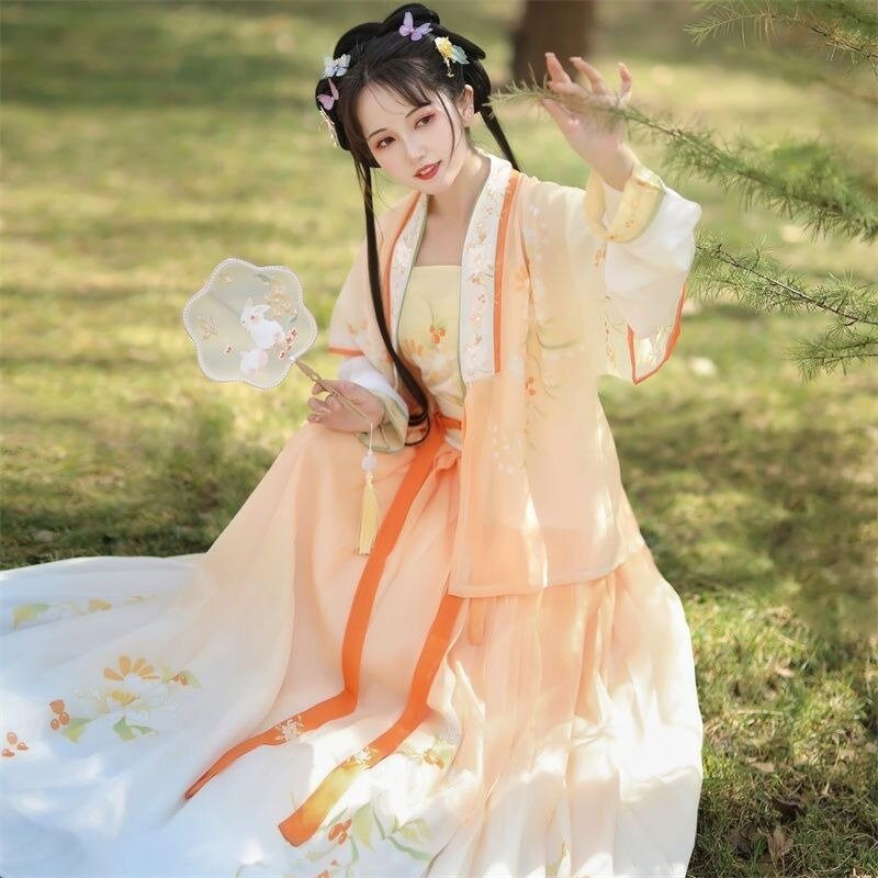 Vestido estilo chinês hanfu, saia de fadas com bordados e cores gradientes, dança, primavera e outono
