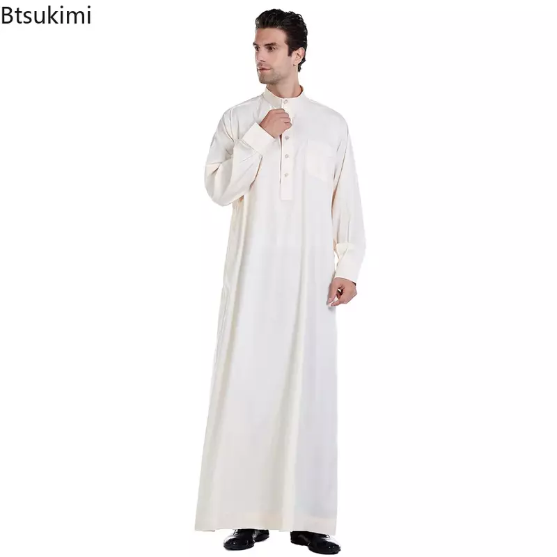 Robe muçulmano do Oriente Médio para homens, manga comprida, roupão Ramada islâmico, gola redonda árabe, Kaftan de cor sólida, Thawb Maxi-Muslim, Dubai, Abaya longa