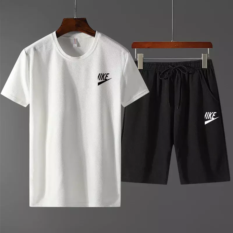 Conjunto esportivo masculino de verão ao ar livre, camiseta e shorts de manga curta, casual e elegante, absorvente de suor, conjunto de 2 peças