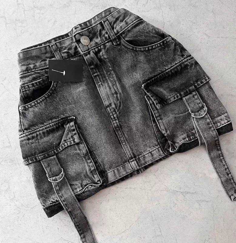 Jupe en jean multi-poches Harajuku pour femmes, jupe Y2K, mini ligne A, mode fille chaude, streetwear polyvalent décontracté, document solide, nouveau, 2024