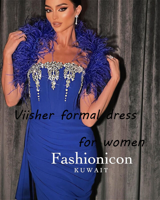 Robes de Rhformelles sirène bleues pour femmes, manches en plumes, robe de soirée sans bretelles perlée, longueur de rinçage, événement de Rh, quelque soit
