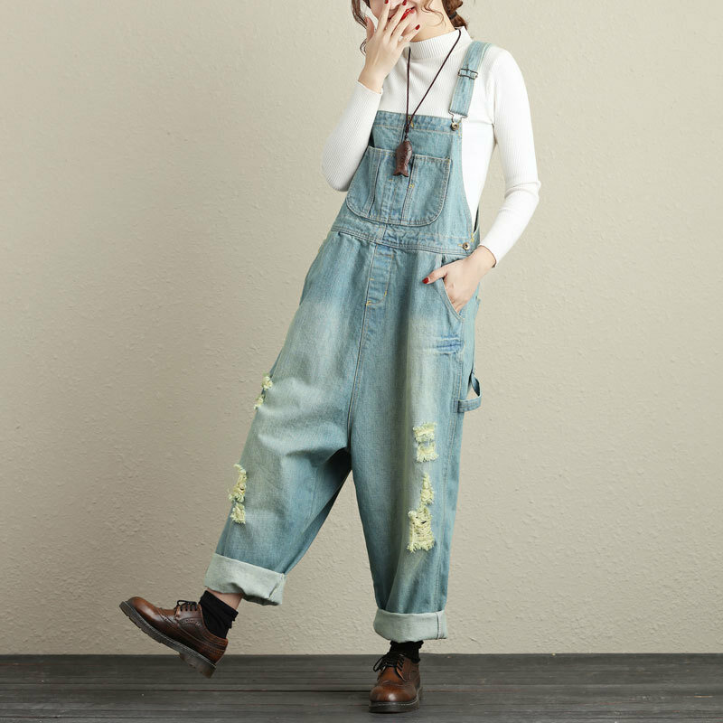 Модный женский джинсовый комбинезон с эффектом потертости, стильный и удобный