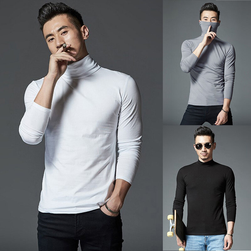 T-Shirt męski z długim rękawem jednolity kolor do połowy szyi cienki długa koszula zimowy szybkoschnący, ciepły kombinezon typu SlimBase