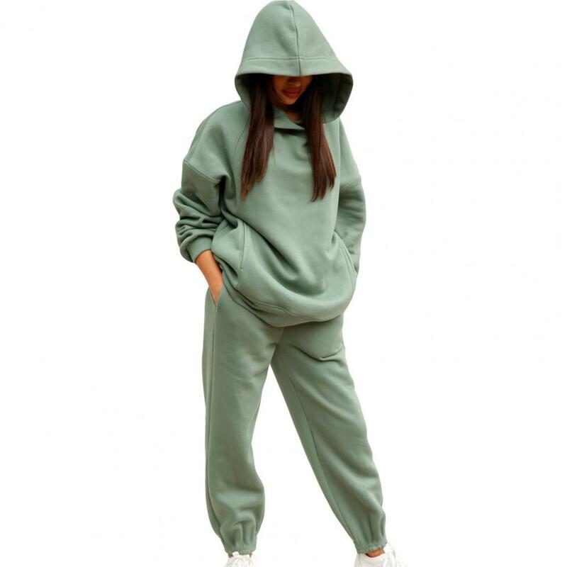 2 Pcs/Set Trendy Pullover Women Autumn Tracksuit Thick Elastic Cuff Deep Crotch Winter Hoodie Pants Set Thermal