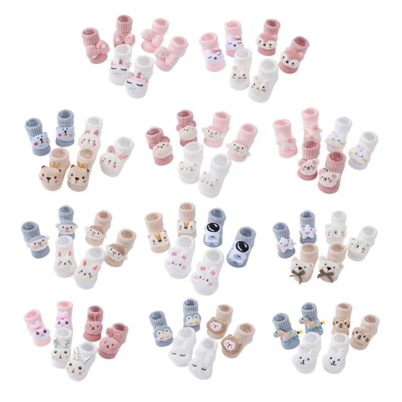 Y1UB – lot 3 paires chaussons tricotés sur le thème des animaux, poupées dessin animé, chaussures tricotées pour bébé,