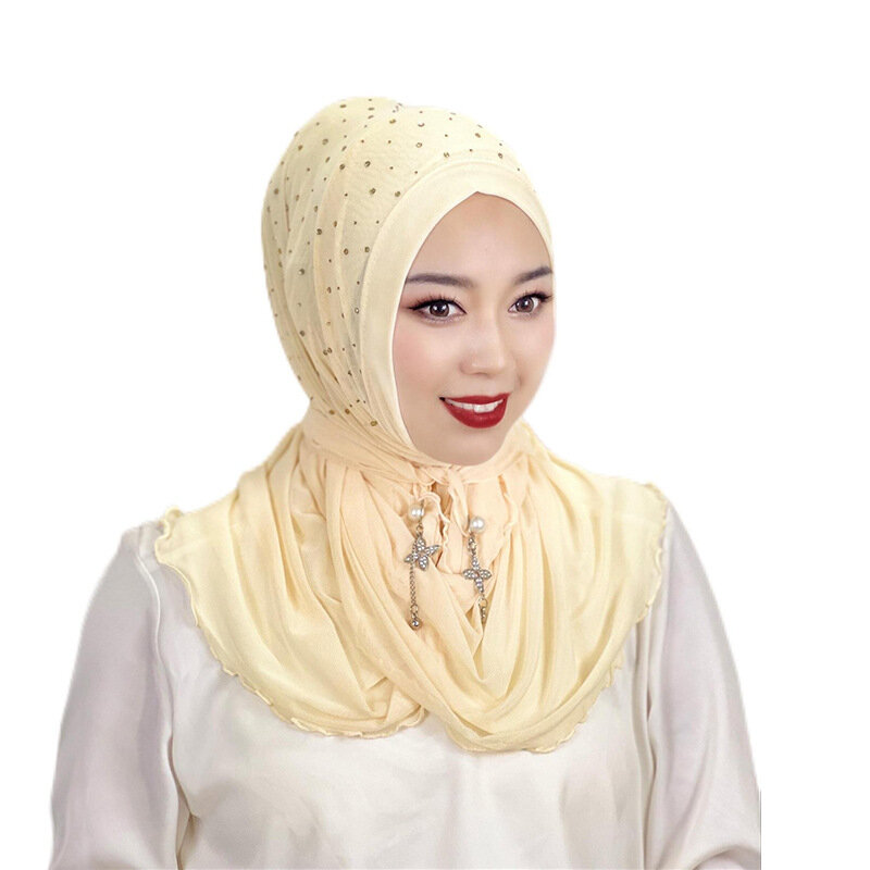 Pull On Wear syal Muslim wanita Hijab instan mutiara berlian rumbai Turban Islami Amira syal selendang penutup kepala doa jilbab