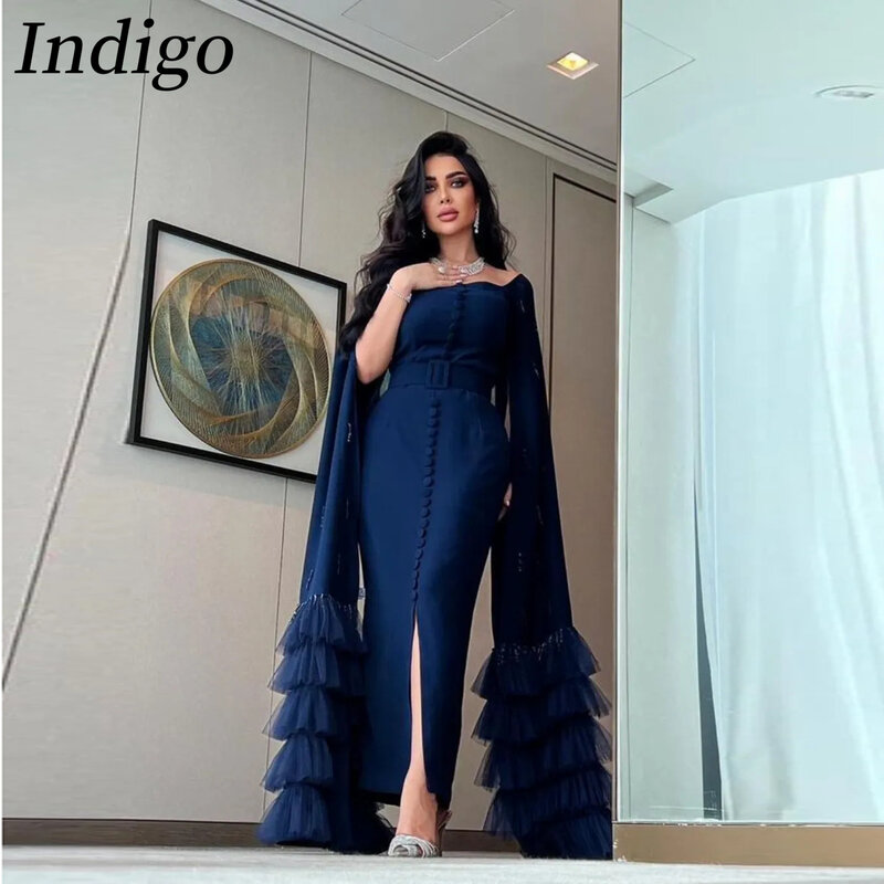 Indigo-Vestido largo de fiesta con corte de sirena para mujer, capa con cuentas, elegante, Formal, 2024