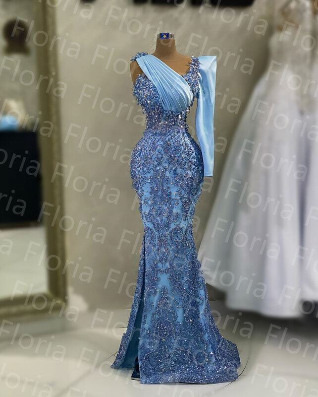 섬세한 크리스탈 비즈 인어 이브닝 드레스, 블루 스팽글 라인스톤, 반짝이는 슬릿 원 숄더, 아랍 무도회 드레스