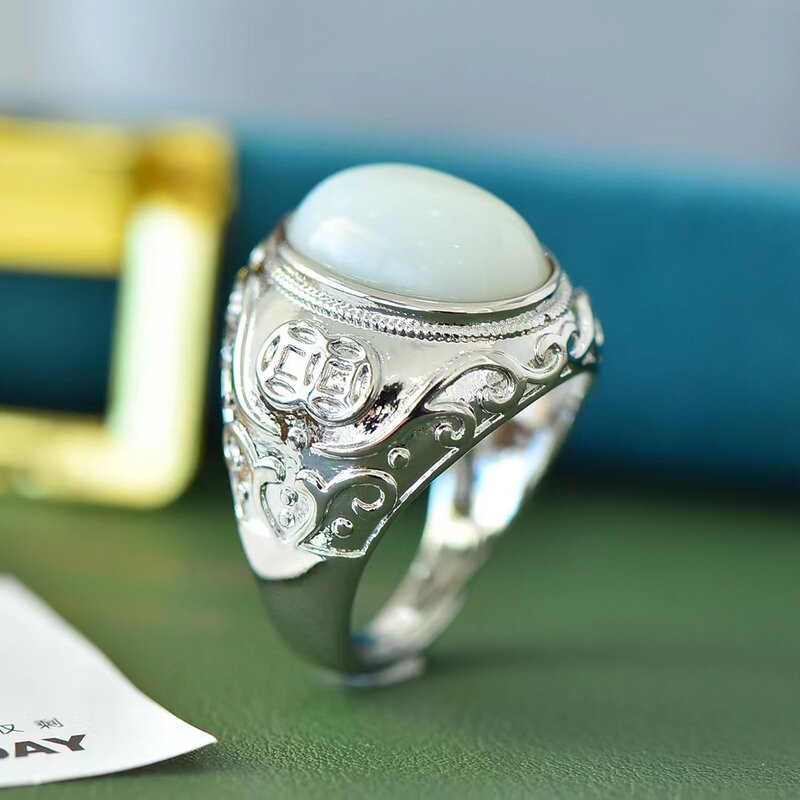 Хэтянь нефрит💍Кольцо с натуральным камнем, регулируемые кольца для мужчин и женщин, ювелирные изделия из драгоценных камней, роскошный очаровательный амулет в стиле ретро, маски, ювелирные изделия