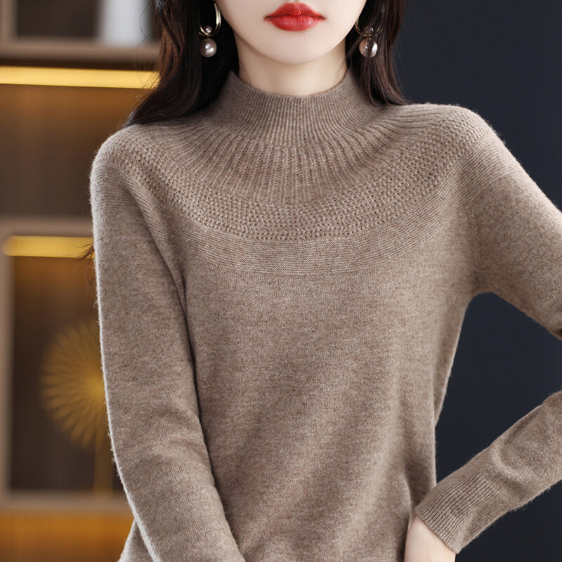 Panie wykwintne Merino czystej wełny półgolf miękkie ciepłe, jesienne komfort bez szwu jednorzędowy uformowany sweter z wysokim wzornictwem