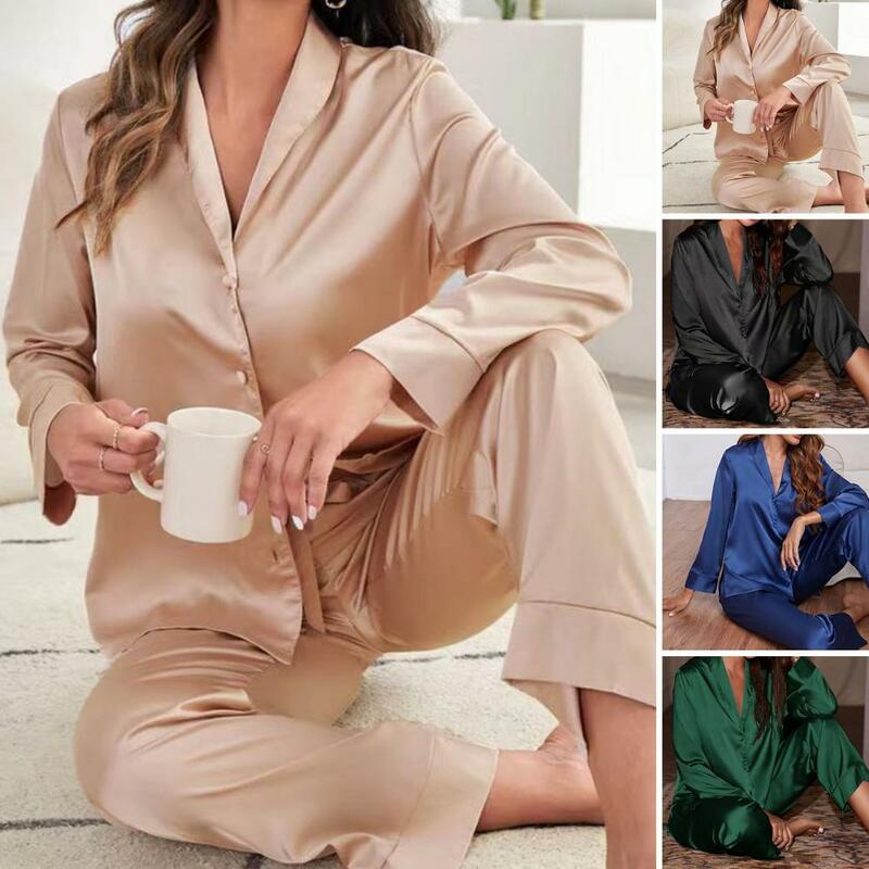 Two-piece Pajama Set Women's Spring Summer Pajama Set with Silky V Neck Elastic Waist Wide Leg Pants 2 Piece Solid Color