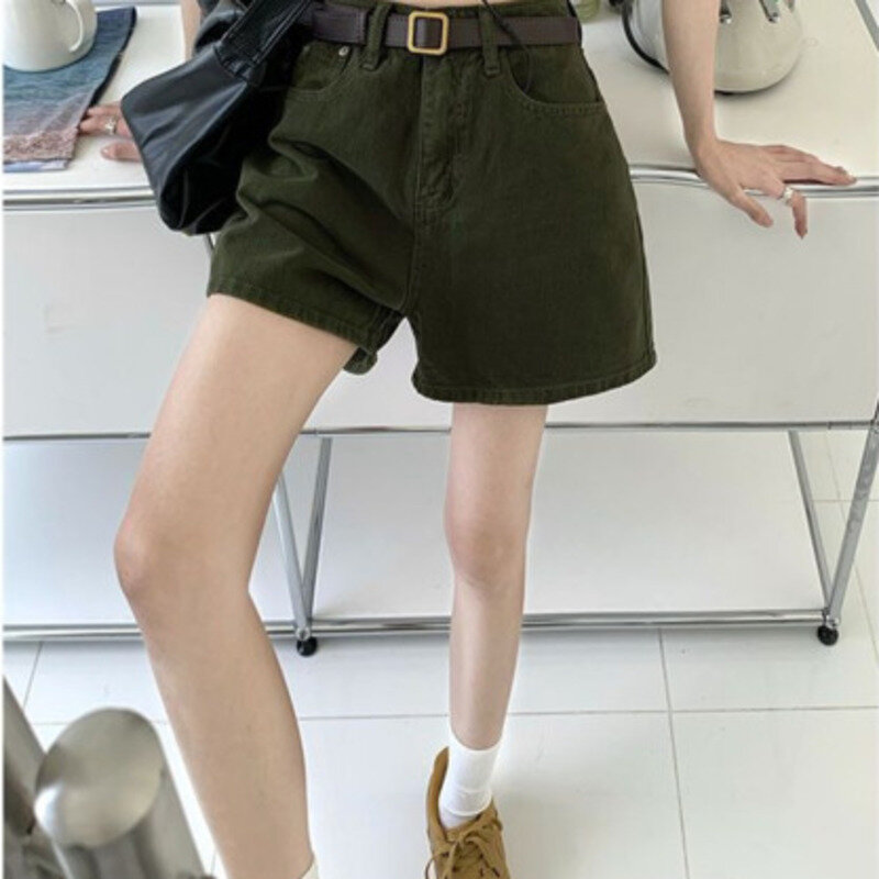 Pantalones cortos de mezclilla verde para mujer, Shorts de cintura alta, adelgazantes, de pierna ancha, rizados, de línea a roja, a la moda, 2024