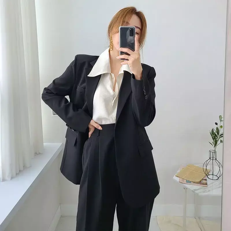 Set coordinato Business per donna primavera autunno Office Lady blazer larghi pantaloni due pezzi Set cappotto nero pantaloni abiti donna