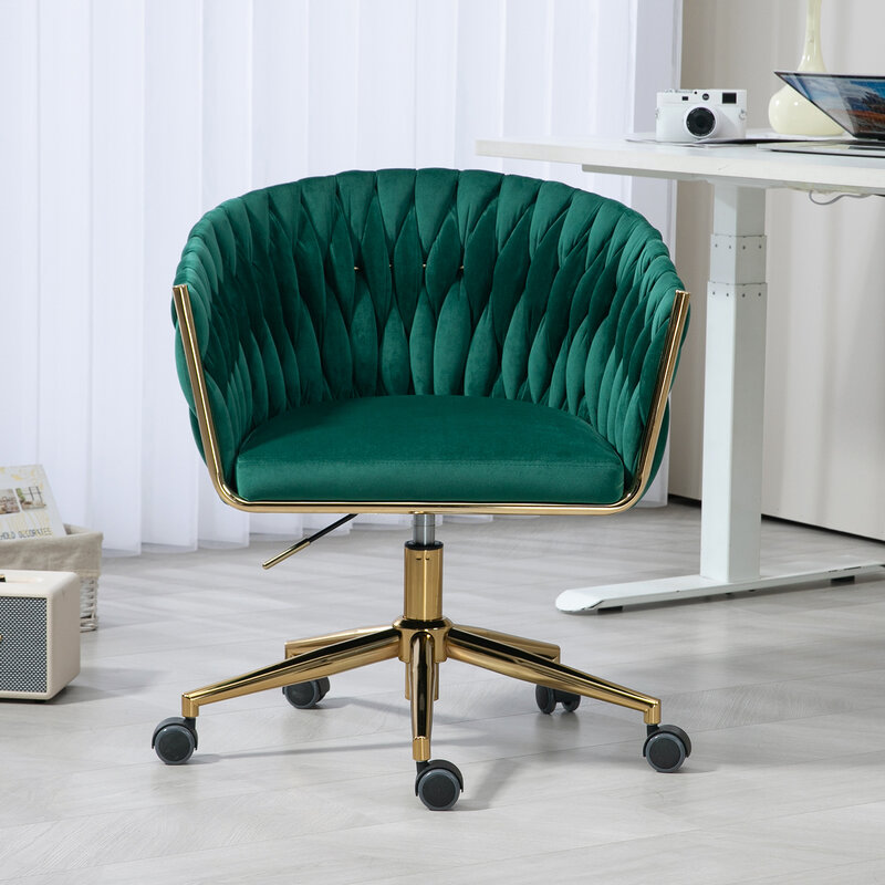 Sedia da ufficio con schienale intrecciato a mano dal Design moderno verde con ruote, regolabile in altezza e girevole a 360 °-ideale per camera da letto o vivi