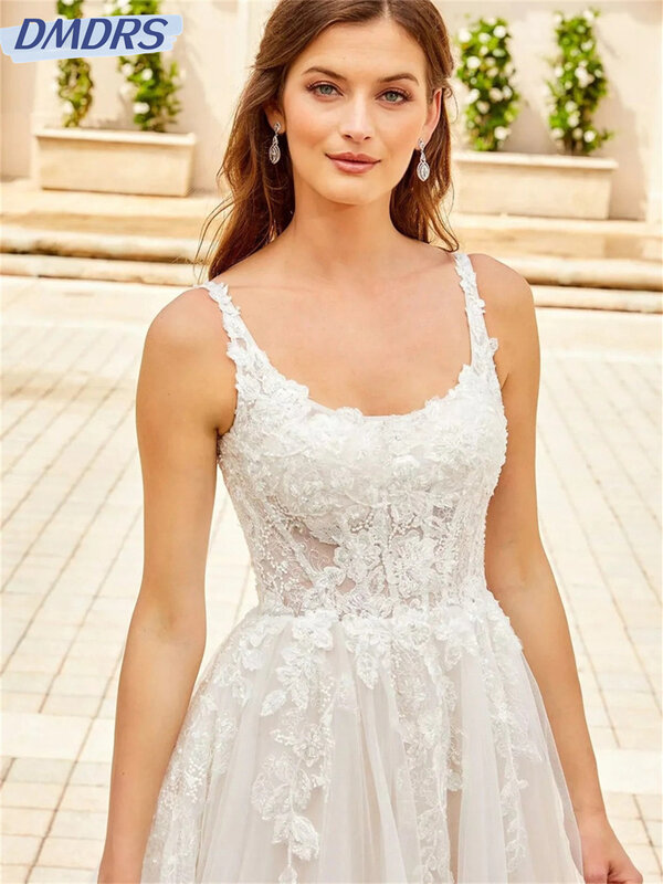 Urocza suknia ślubna z paskiem spaghetti 2024 urocza aplikacja suknia ślubna prosta sukienka bez pleców o długości podłogi Vestidos De Novia