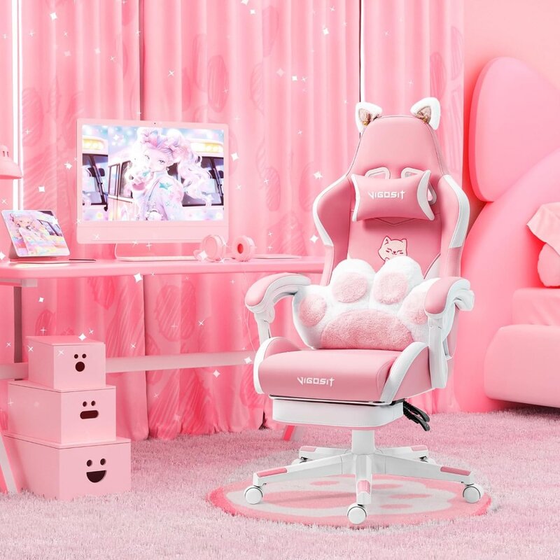 Pink Gaming Chair With Cat Paw Lumbar Cushion and Cat Ears Computer Armchair Reclining PC Game Chair for Girl Kids Teen Gamer