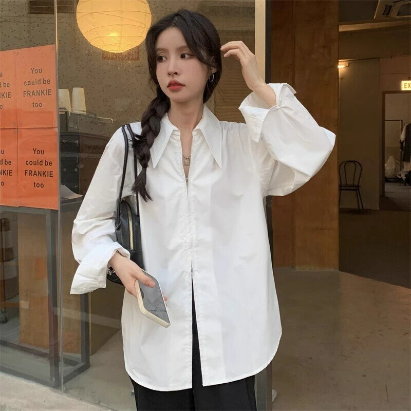 Miiiix koreańska modna luźna koszula Top 2024 kobiet nowy wiosenny i jesienny Design czuć się podwójny zamek błyskawiczny koszule odzież damska