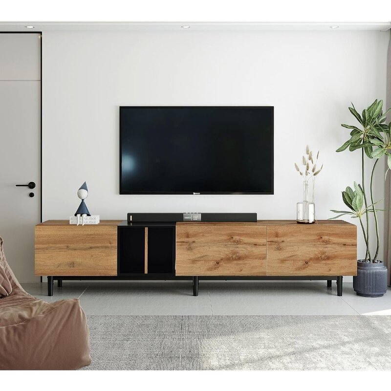 Dudukan TV Modern dengan 3 lemari & rak terbuka, pusat hiburan kayu minimalis untuk TV hingga 80 ", konsol TV yang kokoh (kayu)