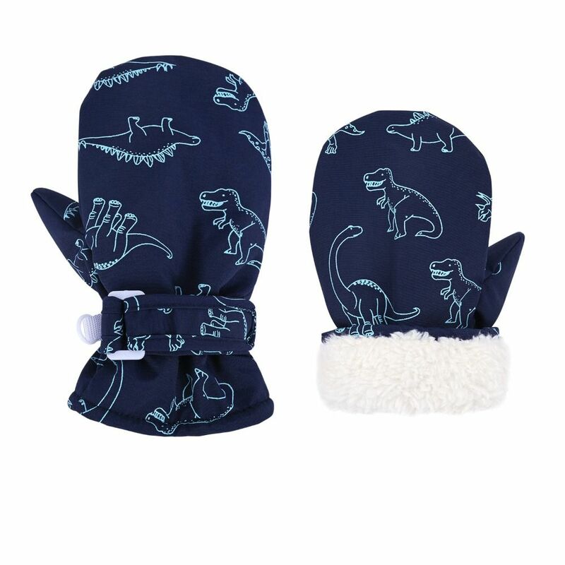Утолщенные флисовые детские перчатки, водонепроницаемые Зимние перчатки для катания на лыжах с имитацией искусственного плюша, ветрозащитные зимние теплые перчатки с принтом динозавра, детские перчатки для малышей