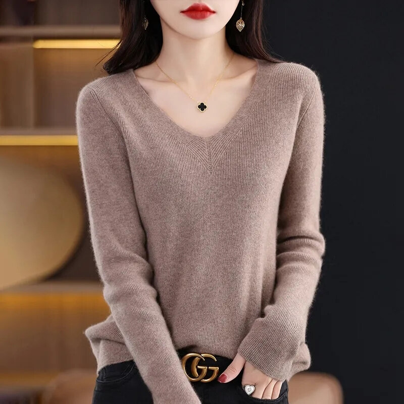 女性用長袖Vネックセーター,スリムフィット,韓国ファッション,ニット,肌に密着,2023コレクション