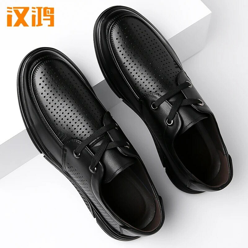 Han Hong Leather Shoes Men's Genuine Leather 2024 Summer New Hollow Breathable Soft Leather Anti slip Casual Dad Shoes