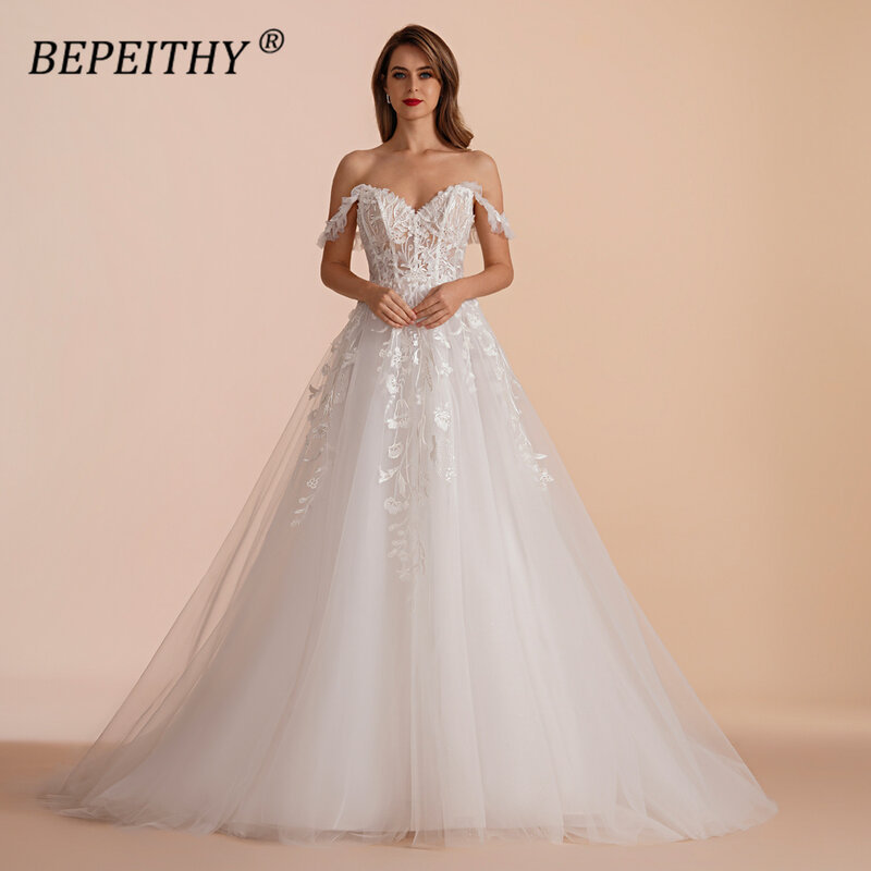 BEPEITHY – robe de soirée de mariage, ligne A, sans manches, traîne, épaules tombantes, dentelle, ivoire, blanc, 2023