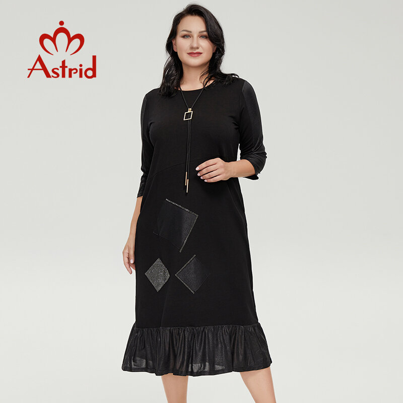 Astrid Women's Dresses For Women 2022 Casual Oversize Black Dress Elegant Cotton Diamond Print Long Loose Dresses With Necklace