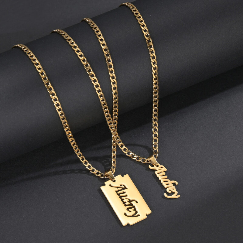 Diamon kalung nama khusus baja tahan karat perhiasan liontin rantai tebal huruf berongga untuk hadiah perhiasan Hari Ibu