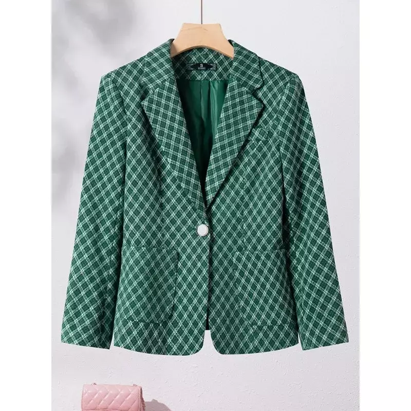 Green Gray Plaid Women Blazer Ladies Jacket Female Long Sleeve Single Button Casual Autumn Winter Coat With Pocket