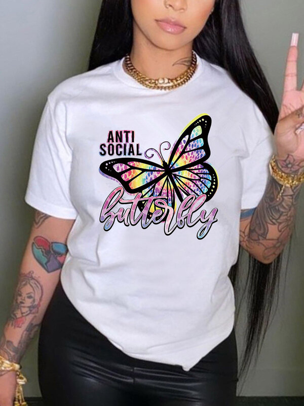 Koszulka z motylem z motylem LW bluzka w rozmiarze Plus Size L-5XL regularne krótkie rękaw z nadrukiem z okrągłym dekoltem dla kobiet