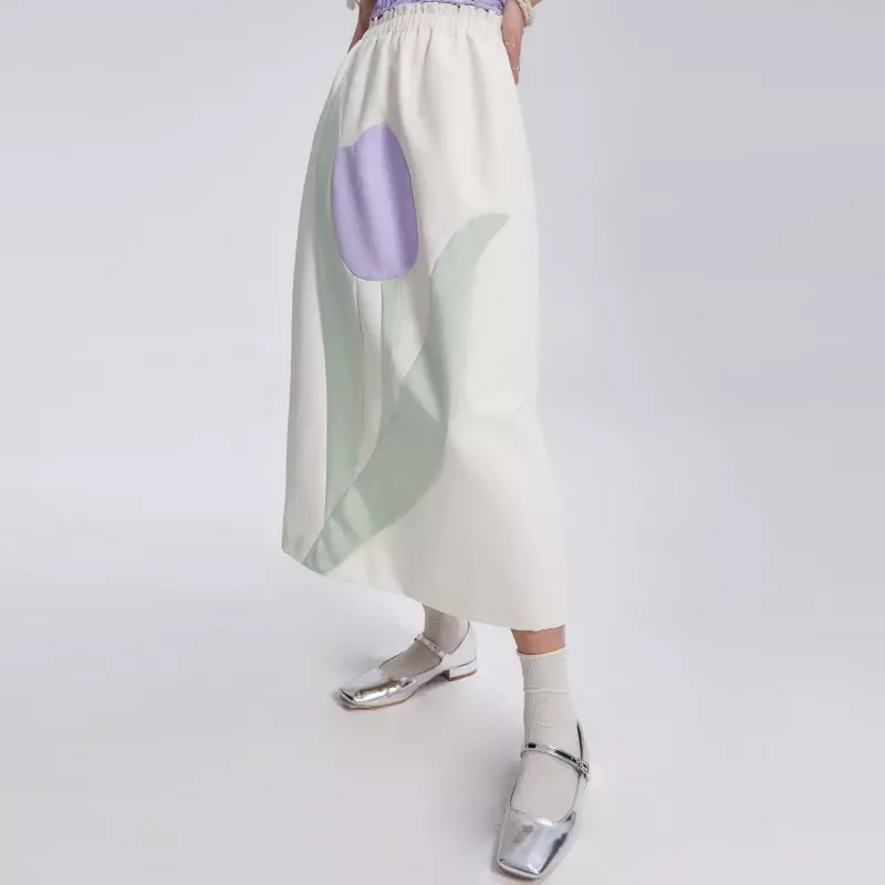 Комплект платья средней длины, комбинированное пальто с тюльпаном контрастных цветов
