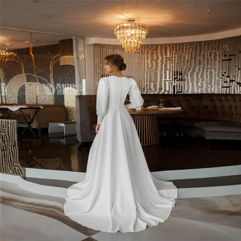 Bridal-女性のための長袖サテンのウェディングドレス,ラウンドネック,ソフトサテンボタン,モダンスタイル,ラインa,電車,カスタム測定