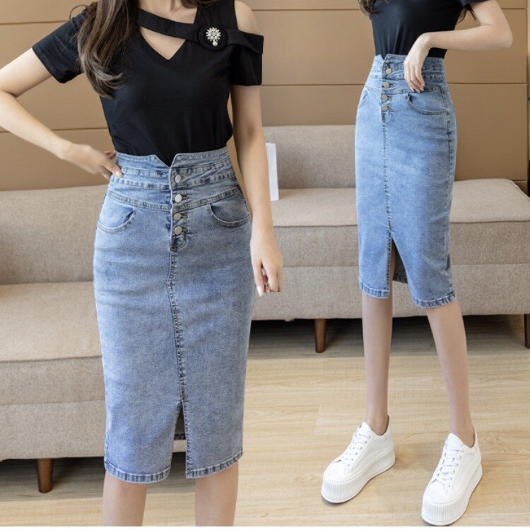 Женская джинсовая юбка средней длины, с завышенной талией