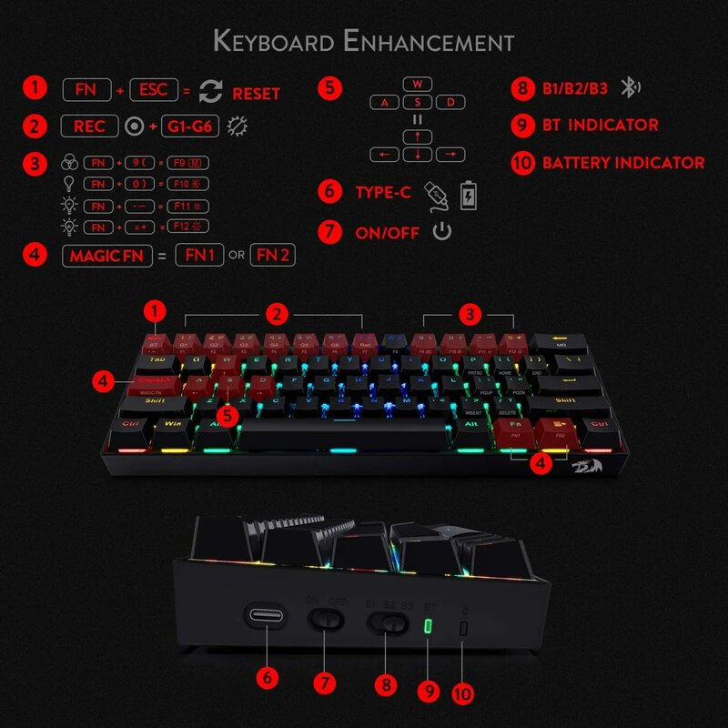 Draconic-rgb backlit teclado mecânico sem fio, 61 teclas, compacto, portátil, design, jogos, k530