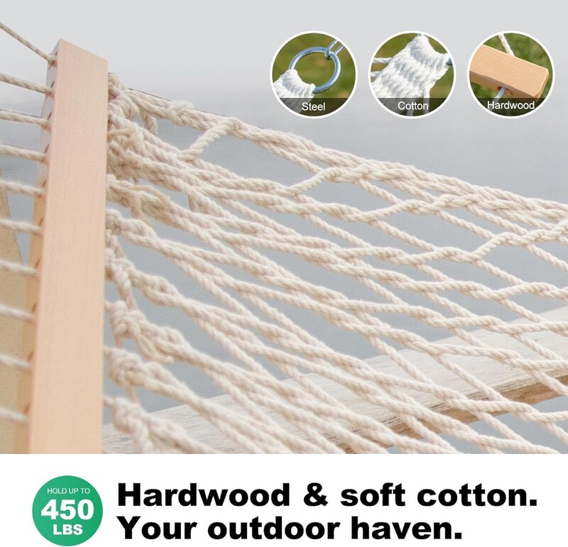 Hamaca doble de 12 pies, hamaca de cuerda de algodón tradicional tejida a mano con barra esparcidora de madera dura, cadenas y ganchos para interiores y exteriores