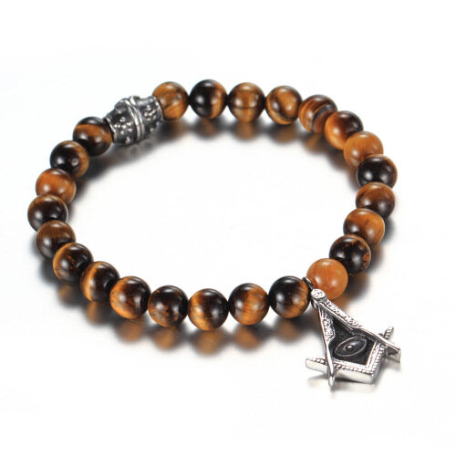 Wholesale Custom men's masonic jewelry natural stone tiger eye beads freemason bracelet