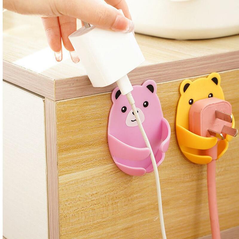 1Pc New Wall Storage Hook Bear Plug Bracket Punch-free Kitchen Cable Socket Plug Wire Hook Power Hanger Bathroom Adhesive H E7L6